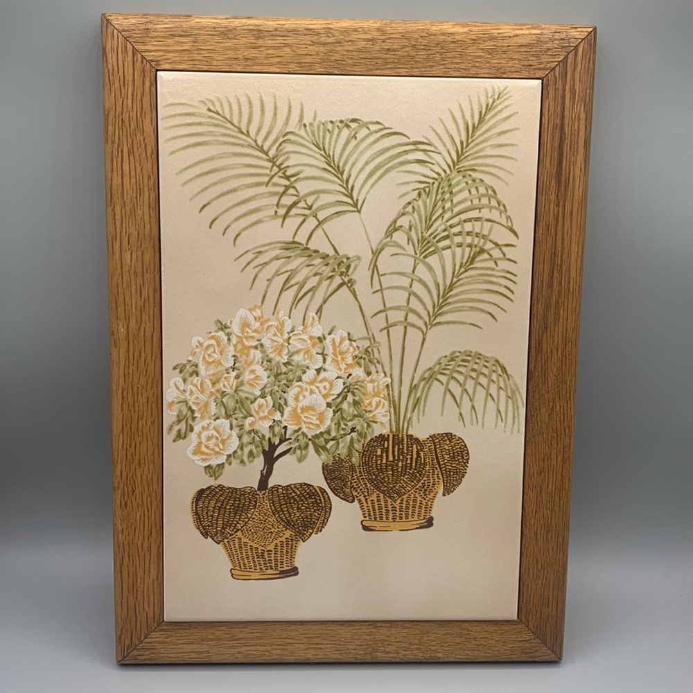 MCM Oak Frame Botanical Italian Tile Palm Fern Yellow Begonia Roses Wall Art